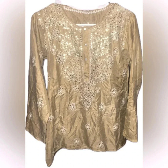 calypso Tops - Whimsical xs 100% silk boho blouse new age; loose fit festival indie core glam